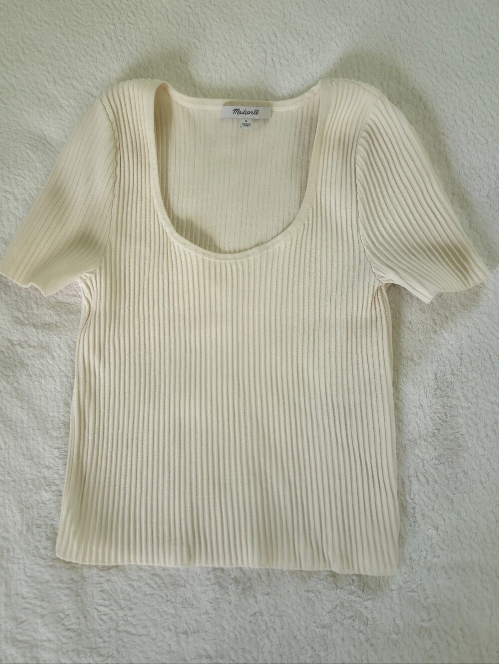 Madewell ✨️ Women's Ivory Ribbed Scoop-Neck Short Sleeve Stretch Crop Top Size S